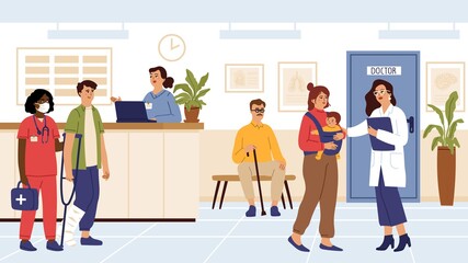 Wall Mural - Hospital visiting. Ambulance clinic, doctor in waiting room consult patients. Healthcare worker, adult kids need help vector concept. Illustration hospital ambulance interior with nurse and doctor