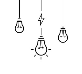 Poster - Creative idea. Set of hanging from above light bulbs. Light bulb with cable and lightning bolt. Vector illustration