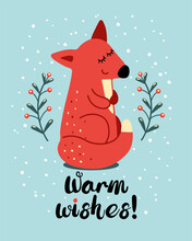 Cute Cartoon Fox With Lettering On Snow Background. The Warm Wishes Phrase. Greeting Card With Funny Character. Vector Flat Illustration.