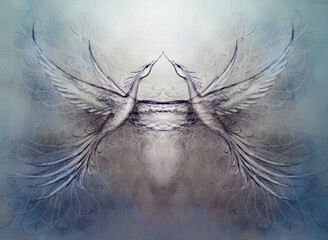 Poster - Flying phoenix bird as symbol of rebirth and new beginning and ancient ornament in background.