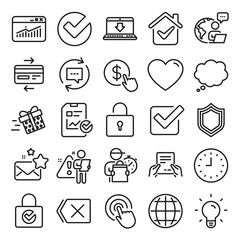 Aufkleber - Report document, Time line icons. Statistics, Gift box and Light bulb icons. Credit card, Download document and Lock. Gift delivery, Check report and Protection Shield. Clock time, light bulb. Vector