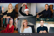 © Girts - Virtual Christmas meeting team teleworking. Family video call remote conference Computer webcam screen view. Diverse portrait headshots meet working from their home offices. Happy hour party online