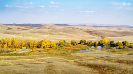 Wall Mural - Autumn landscape with a pond on the steppe river. The picture was taken in Russia, in the Orenburg region