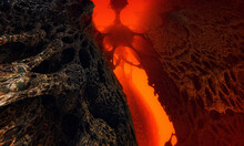 Fantastic 3d Rendering Of An Underground Rift, The Interior Of A Volcano, With Hot Air To Very High Temperatures, Evaporation, Lava, Red Air