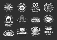 Set Of Vintage Style Bakery Shop Labels, Badges, Emblems And Logo. Vector Illustration. White Graphic Art With Engraved Design Elements. Collection Of Linear Graphic On Black Background.