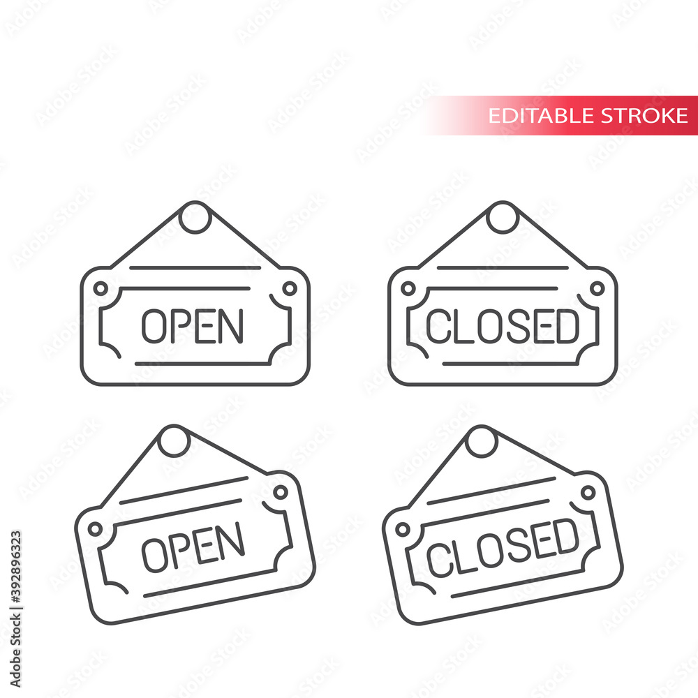 Open and closed sign line vector icon. Store board door notice symbol ...