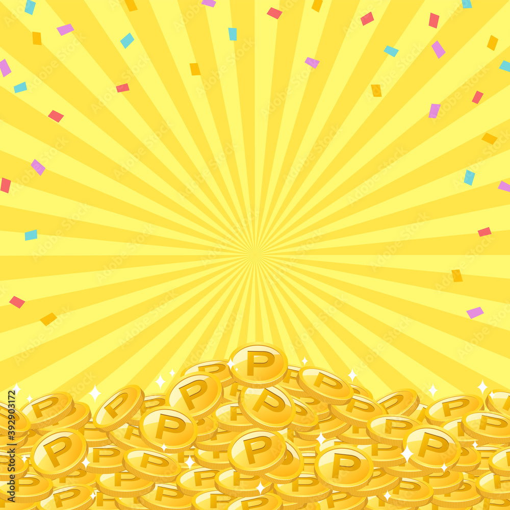 紙吹雪と山積みになり輝く大量のポイントコインのイラスト背景素材 中央からの集中線 画面比率1:1 の Stock ベクター | Adobe Stock