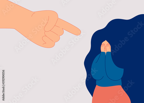 Cuadros en Lienzo Guilty woman closes her face with arms from big index finger is being pointed at her
