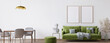 Luxury green living room design, frame mockup, panoramic, 3d render	