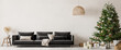 Living Room Christmas interior in Scandinavian style. Christmas tree with gift boxes. Black sofa on wall Mockup.