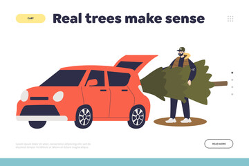 Wall Mural - Buying Christmas tree concept of landing page with young man putting fir tree in car