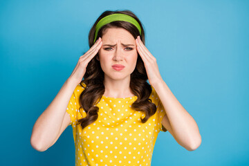 Sticker - Photo of frustrated girl suffer headache touch finger forehead isolated over blue color background