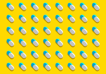 Wall Mural - White and blue capsules neatly arranged in diagonal lines on yellow background, vector illustration. Concept for pharmaceutical industry.