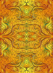 Wall Mural - Shamanic psychedelic fractal abstract background with kaleidoscope pattern curls and waves.