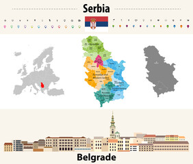 Wall Mural - serbia administrative divisions map. belgrade cityscape. vector illustration