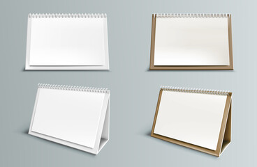 Poster - Calendar mockup with blank pages and spiral. Desktop horizontal paper calender mock up front and side view isolated on grey background. Agenda, almanac template. Realistic 3d vector illustration, set
