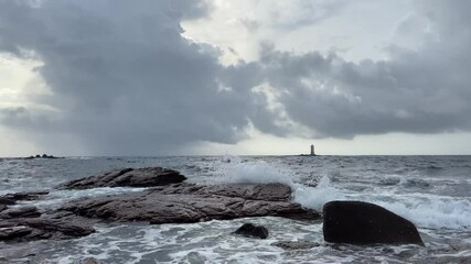 Poster - Lighthouse sea waves rain storm
