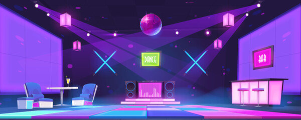 Wall Mural - nightclub with bar counter, tables, dj console and dance floor illuminated by disco ball and spotlig