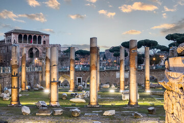 The Roman Forum in Rome at sunset