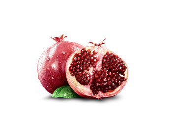 3D Rendered Pomegranate and Sliced Pomegranate with Leaves on White Background