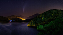 Neowise Comet Over Lake And Mountains At Night
