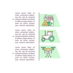 Agrichemicals and farm machinery concept icon with text. Pesticide, fertilizer. Agribusiness equipment. PPT page vector template. Brochure, magazine, booklet design element with linear illustrations