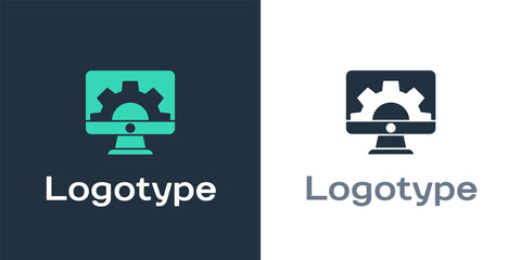 Logotype Software, web development, programming concept icon isolated on white background. Programming language and program code on screen monitor. Logo design template element. Vector.