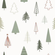 Christmas Season Vector Seamless Pattern. Hand Drawn Texture With Christmas Trees For Wallpaper, Pattern Fills, Web Page Background, Wrapping Paper..