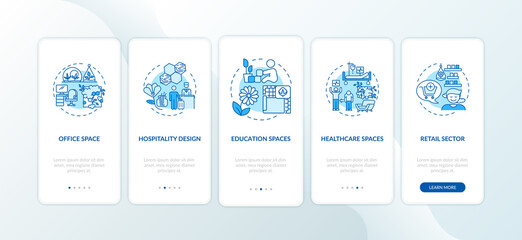 Green indoor environment blue onboarding mobile app page screen with concepts. Home interior. Biophilia walkthrough 5 steps graphic instructions. UI vector template with RGB color illustrations
