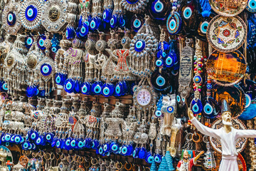 Souvenirs and gifts from Turkey. Ceramics, lamps and decor on a market counter in Istanbul.