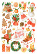 Large Christmas watercolor set of stickers. Hand drawn bull 2021, cookies, cupcake, sleigh with christmas tree, christmas toys, tangerines, candles, snowman, pine cones, gifts.