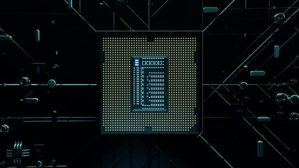 Poster - technological background with cpu and circuit board. flying cpu and installation in center circuit b