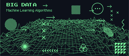 Leinwandbilder - Big data and complex information visualization concept. Glitched and distorted polygonal 3d surface, graph or map of mathematical function.