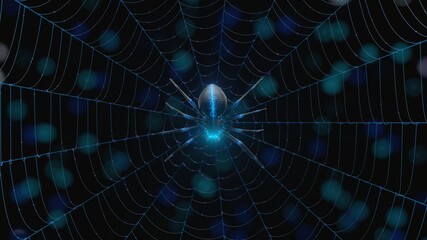 glowing blue spider in the dark. suitable for horror, halloween, arachnid and technology themes. 3D illustration