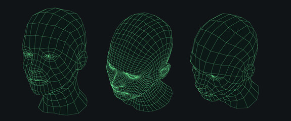 Set of low poly 3D model of the head. Biometric authentication and identification concept.