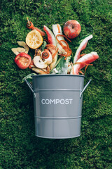 Wall Mural - Peeled vegetables in white compost bin on green grass, moss background. Trash bin for composting with leftover from kitchen. Top view. Recycling scarps concept. Sustainable and zero waste lifestyle