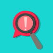 Identify risk icon. Icon of censored. Search with magnifier in comment. Focus on exclamation. Data with censor in cartoon style. Sign of warning and sanction. Safety of content in internet. Vector