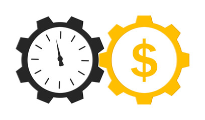 Time is money. Icon with clock and cog. Logo of wage and superannuation. Circles with hours and gear. Cash dollars after work. Beneficial investment and speed growth wealth. Profit in minute. Vector