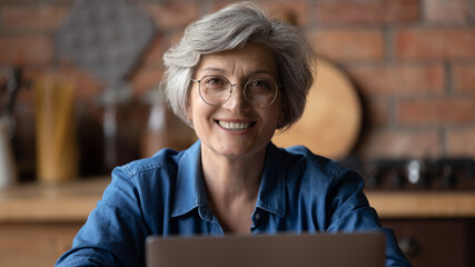 Head shot portrait smiling mature woman wearing glasses using laptop, teacher mentor working online at home, happy confident senior businesswoman looking at camera, enjoying leisure time with device