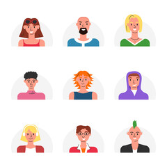 Wall Mural - Vector avatar collection for social networks isolated. Illustration included icon as men, women, adult and young pictogram for user profile. Flat linear female and male modern stylish human faces