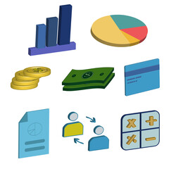 Money and payment icons. Cash, card and Coins.Set of Financial icon vector illustration in 3D style.