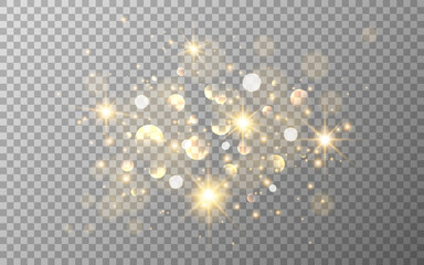 Poster - Glow light effect. Gold glitter and bokeh on transparent backdrop. Luxury particles with stardust. Magic Christmas composition. Special shine for poster or advertising. Vector illustration
