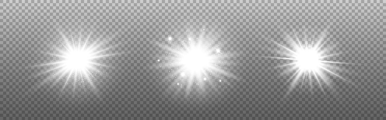 Poster - White glowing light set. Silver flash effect on transparent backdrop. Bright explosions isolated. Shining sun or bright flash. Magic bursts with beams. Vector illustration
