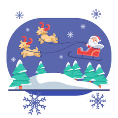 Santa Claus flying with deers on blue backdrop. Christmas holiday postcard for invitation or gift card, notebook, bath tile, scrapbook. Phone case or cloth print. Flat style stock vector illustration