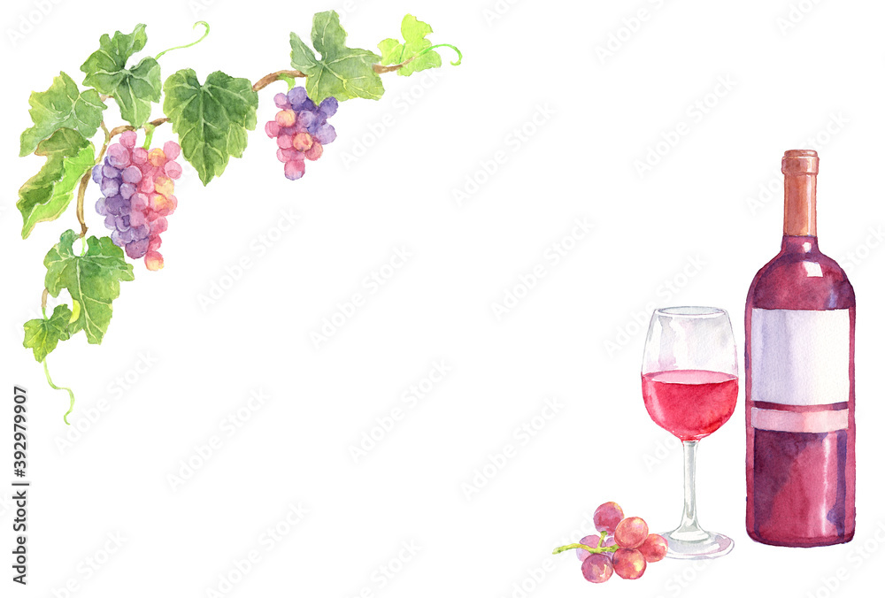 ワインとブドウの水彩画 水彩で描いた赤ワインとグラスと葡萄のイラストのイラスト素材