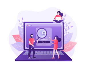 User login with character concept for any purpose. Vector line. Certificate icon design vector illustration. Computer screen. Mobile application design.