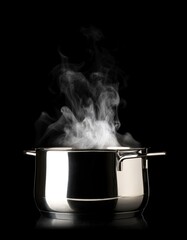 Open stainless steel cooking pot with steam over black background, cooking or kitchen utensil