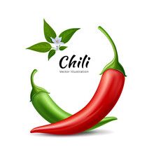 Chili Peppers Red And Green Fresh With Leaves And Flower Chili Realistic Design, On White Background, Eps 10 Vector Illustration