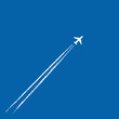 Jet plane flying in the blue sky, leaving vapor trails behind in flight. Vector illustration