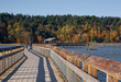 A couple walks along a beautiful boardwalk at Billy Frank Jr. Nisqually National Wildlife Refuge in autumn in Olympia, WA
